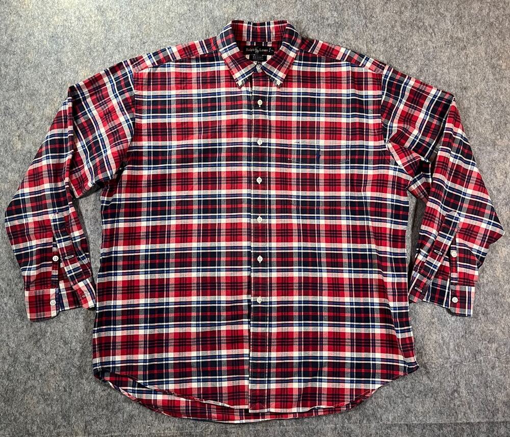 Vintage 90s Ralph Lauren The Big Shirt / Men Large / Plaid Button Down Red Navy